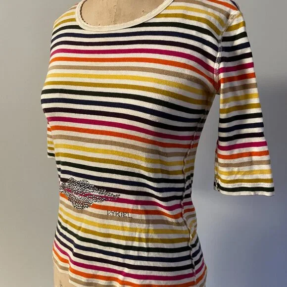 90s Sonia Rykiel Rainbow Stripe Rhinestone Babydoll T-shirt Crewneck Medium - Picture 5 of 15